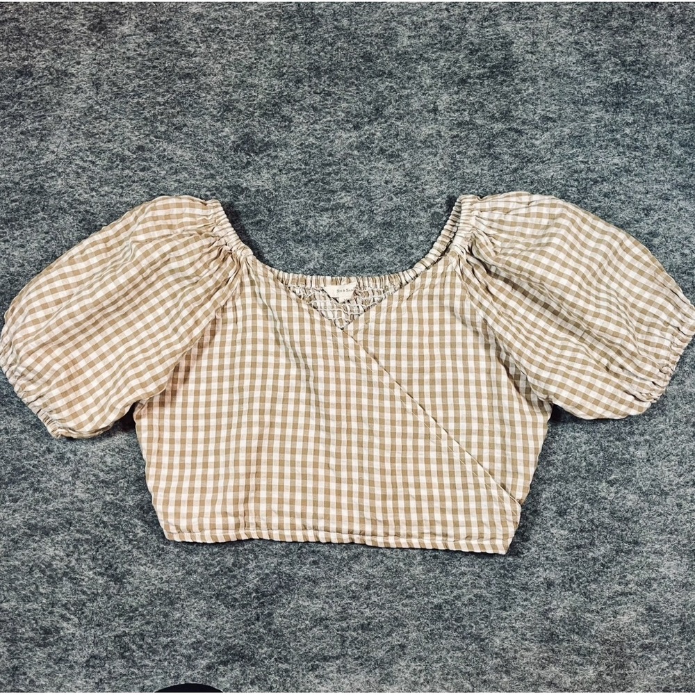 Sim & Sam Crop Top Womens M‎ Tan Gingham Smocked Boho Puff Sleeve Cottagecore